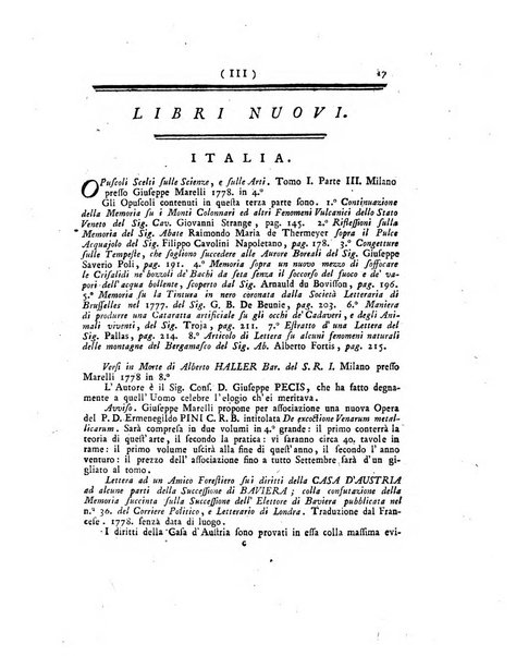 Opuscoli scelti sulle scienze e sulle arti. Tratti dagli Atti delle Accademie, e dalle altre collezioni filosofiche, e letterarie, dalle opere più recenti inglesi, tedesche, francesi, latine, e italiane, e da manoscritti originali, e inediti