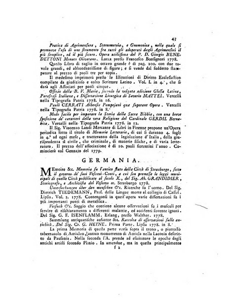 Opuscoli scelti sulle scienze e sulle arti. Tratti dagli Atti delle Accademie, e dalle altre collezioni filosofiche, e letterarie, dalle opere più recenti inglesi, tedesche, francesi, latine, e italiane, e da manoscritti originali, e inediti