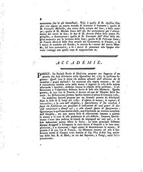 Opuscoli scelti sulle scienze e sulle arti. Tratti dagli Atti delle Accademie, e dalle altre collezioni filosofiche, e letterarie, dalle opere più recenti inglesi, tedesche, francesi, latine, e italiane, e da manoscritti originali, e inediti