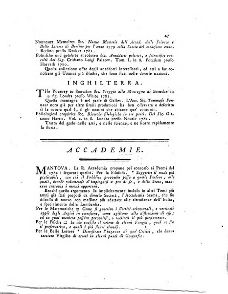 Opuscoli scelti sulle scienze e sulle arti. Tratti dagli Atti delle Accademie, e dalle altre collezioni filosofiche, e letterarie, dalle opere più recenti inglesi, tedesche, francesi, latine, e italiane, e da manoscritti originali, e inediti