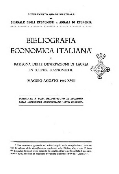 Bibliografia economica italiana e rassegna delle dissertazioni di laurea in scienze economiche