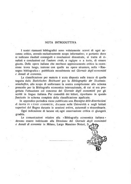 Bibliografia economica italiana e rassegna delle dissertazioni di laurea in scienze economiche