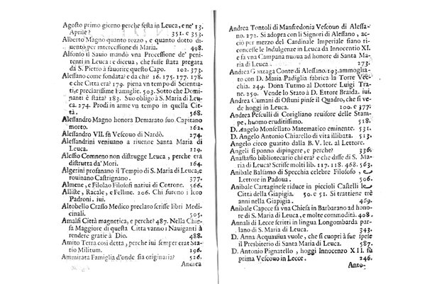 Antichità di Leuca città già posta nel capo salentino. De' luoghi, delle terre, e d'altre città del medesimo promontorio, e del venerabile tempio di Santa Maria di Leuca, detto volgarmente de finibus terrae, delle preeminenze di cosi riuerito pellegrinaggio, e delle sacre indulgenze, che vi si godono. Opera del m.r.p. Luigi Tasselli di Casarano ...