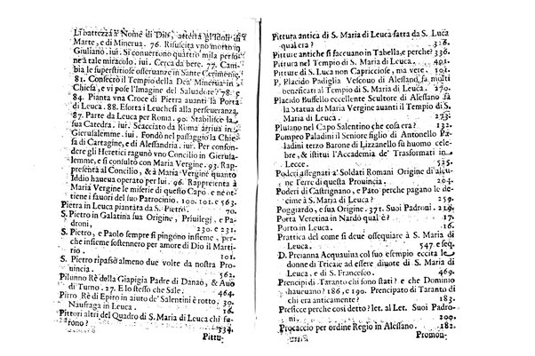 Antichità di Leuca città già posta nel capo salentino. De' luoghi, delle terre, e d'altre città del medesimo promontorio, e del venerabile tempio di Santa Maria di Leuca, detto volgarmente de finibus terrae, delle preeminenze di cosi riuerito pellegrinaggio, e delle sacre indulgenze, che vi si godono. Opera del m.r.p. Luigi Tasselli di Casarano ...