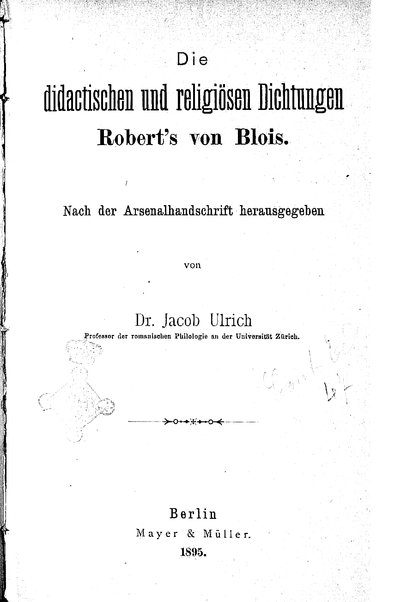 1: Beaudous : ein altfranzösischer Abenteuerroman des 13. Jahrhunderts Robert's von Blois / nach der einzigen Handschrift der Pariser Nationalbibliothek herausgegeben von Jacob Ulrich