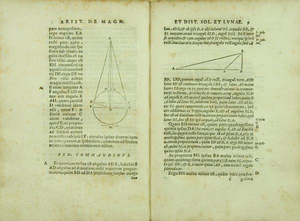 Aristarchi De magnitudinibus, et distantiis Solis, et Lunae, liber. Cum Pappi Alexandrini explicationibus quibusdam. A' Federico Commandino Vrbinate in latinum conuersus, ac commentarijs illustratus