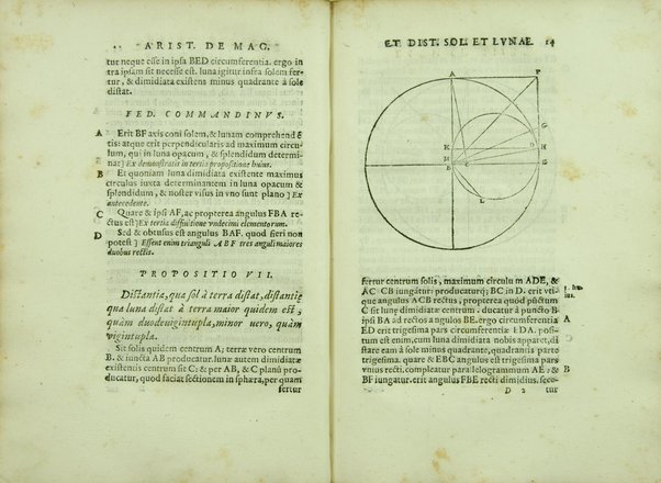 Aristarchi De magnitudinibus, et distantiis Solis, et Lunae, liber. Cum Pappi Alexandrini explicationibus quibusdam. A' Federico Commandino Vrbinate in latinum conuersus, ac commentarijs illustratus