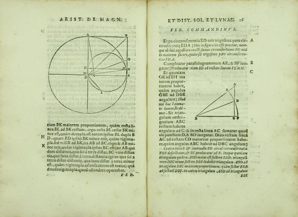 Aristarchi De magnitudinibus, et distantiis Solis, et Lunae, liber. Cum Pappi Alexandrini explicationibus quibusdam. A' Federico Commandino Vrbinate in latinum conuersus, ac commentarijs illustratus