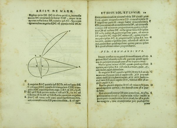 Aristarchi De magnitudinibus, et distantiis Solis, et Lunae, liber. Cum Pappi Alexandrini explicationibus quibusdam. A' Federico Commandino Vrbinate in latinum conuersus, ac commentarijs illustratus