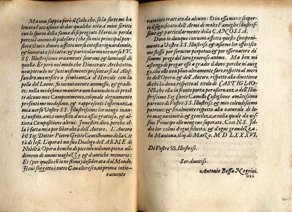 Il Castiglione, ouero dell' arme di nobiltà. Dialogo del signor Pietro Gritio da Iesi. ... Nuouamente posto in luce da Antonio Beffa Negrini