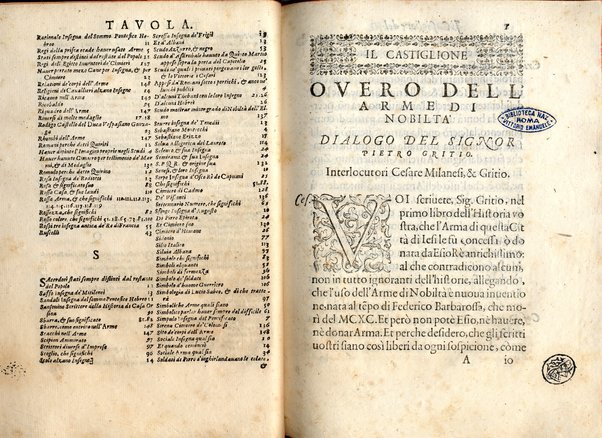 Il Castiglione, ouero dell' arme di nobiltà. Dialogo del signor Pietro Gritio da Iesi. ... Nuouamente posto in luce da Antonio Beffa Negrini