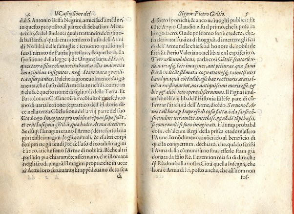 Il Castiglione, ouero dell' arme di nobiltà. Dialogo del signor Pietro Gritio da Iesi. ... Nuouamente posto in luce da Antonio Beffa Negrini