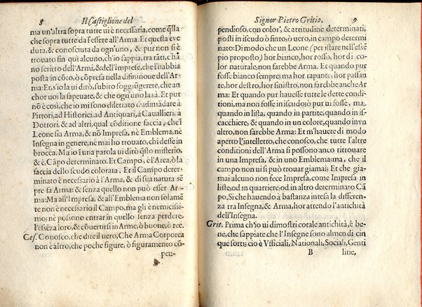 Il Castiglione, ouero dell' arme di nobiltà. Dialogo del signor Pietro Gritio da Iesi. ... Nuouamente posto in luce da Antonio Beffa Negrini