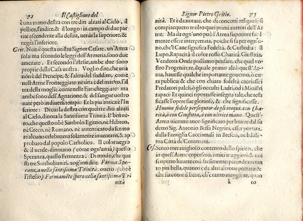 Il Castiglione, ouero dell' arme di nobiltà. Dialogo del signor Pietro Gritio da Iesi. ... Nuouamente posto in luce da Antonio Beffa Negrini