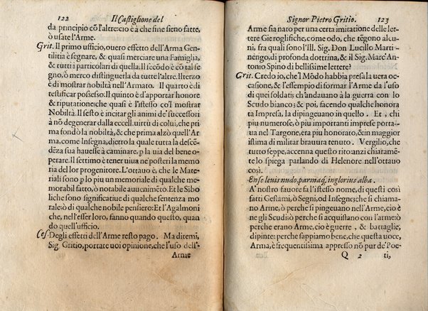 Il Castiglione, ouero dell' arme di nobiltà. Dialogo del signor Pietro Gritio da Iesi. ... Nuouamente posto in luce da Antonio Beffa Negrini