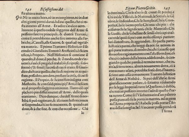 Il Castiglione, ouero dell' arme di nobiltà. Dialogo del signor Pietro Gritio da Iesi. ... Nuouamente posto in luce da Antonio Beffa Negrini