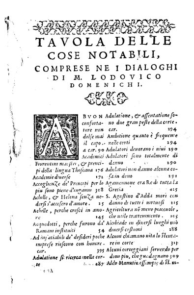 Dialoghi di m. Lodouico Domenichi; cioè, D'amore, Della uera nobiltà, De' rimedi d'amore, Dell'imprese, Dell'amor fraterno, Della corte, Della fortuna, Et della stampa. Al molto magnifico et nobilissimo signore, m. Vincentio Arnolfini gentiluomo lucchese