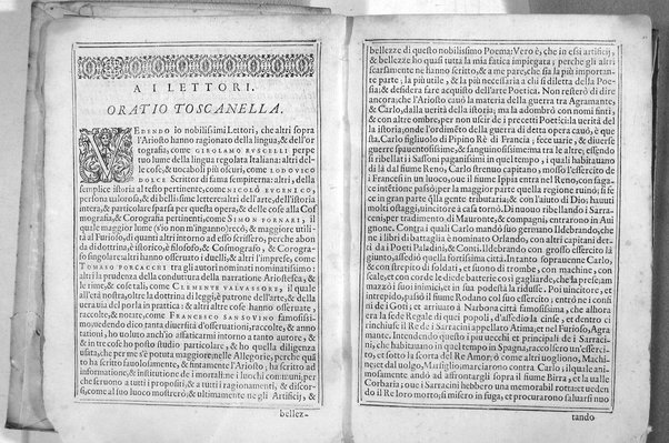 Bellezze del Furioso di M. Lodouico Ariosto; scielte da Oratio Toscanella: con gli argomenti, et allegorie de i canti: con l'allegorie de i nomi proprii principali dell'opera: et co i luochi communi dell'autore, per ordine di alfabeto; del medesimo