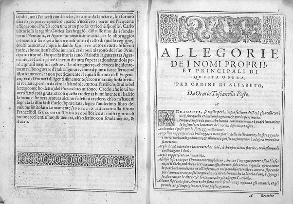 Bellezze del Furioso di M. Lodouico Ariosto; scielte da Oratio Toscanella: con gli argomenti, et allegorie de i canti: con l'allegorie de i nomi proprii principali dell'opera: et co i luochi communi dell'autore, per ordine di alfabeto; del medesimo