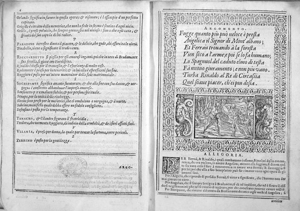 Bellezze del Furioso di M. Lodouico Ariosto; scielte da Oratio Toscanella: con gli argomenti, et allegorie de i canti: con l'allegorie de i nomi proprii principali dell'opera: et co i luochi communi dell'autore, per ordine di alfabeto; del medesimo