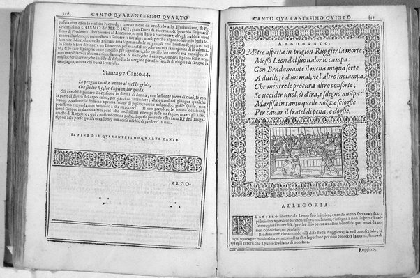 Bellezze del Furioso di M. Lodouico Ariosto; scielte da Oratio Toscanella: con gli argomenti, et allegorie de i canti: con l'allegorie de i nomi proprii principali dell'opera: et co i luochi communi dell'autore, per ordine di alfabeto; del medesimo