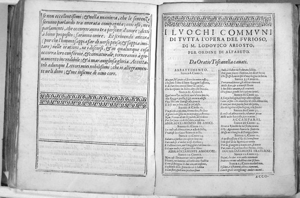 Bellezze del Furioso di M. Lodouico Ariosto; scielte da Oratio Toscanella: con gli argomenti, et allegorie de i canti: con l'allegorie de i nomi proprii principali dell'opera: et co i luochi communi dell'autore, per ordine di alfabeto; del medesimo