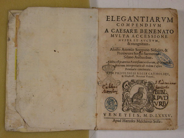 Elegantiarum compendium a Caesare Benenato multa accessione nuper et auctum, & recognitum. Aloisio Antonio Sompano Sidicino, & presbytero Sergio Sarmentio Salano authoribus. Addita est praeterea forensium verborum, & loquendi generum interpretatio ab eodem Caesare Benenato concinnata