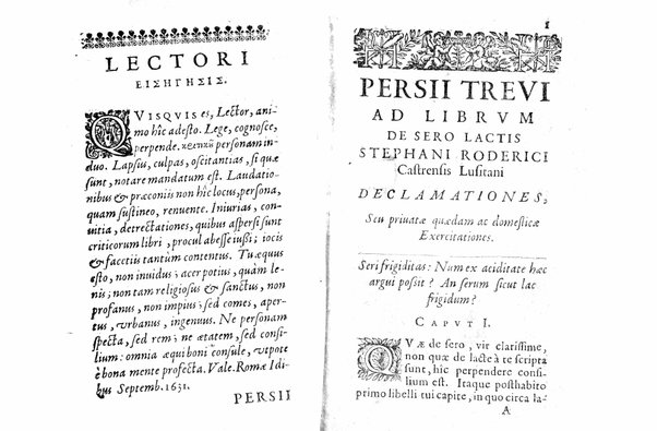 Persii Treui Ad librum de sero lactis Stephani Roderici Castrensis Lusitani declamationes, seu priuatae quaedam ac domesticae exercitationes