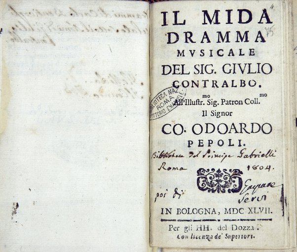 Il Mida dramma musicale del sig. Giulio Contralbo. All'illustr.mo ... Co. Odoardo Pepoli