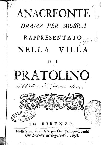 Anacreonte drama per musica rappresentato nella villa di Pratolino