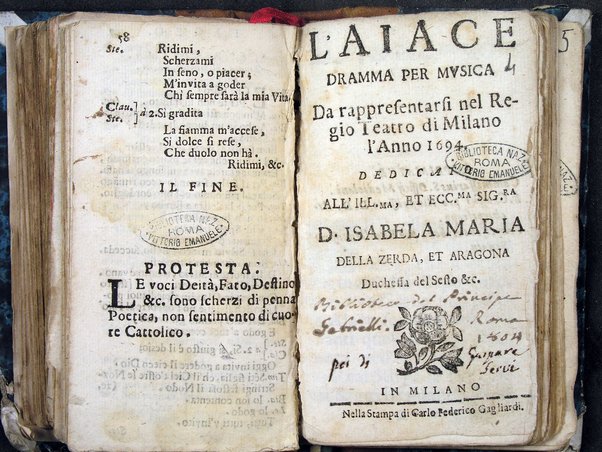 L'Aiace dramma per musica da rappresentarsi nel regio teatro di Milano l'anno 1694 /[A.d'A.]. Dedicato all'ill.ma, ... Isabela Maria della Zerda, et Aragona ...