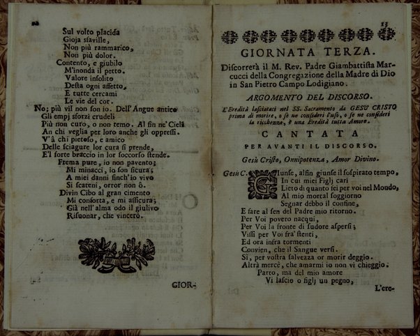 Cantate a lode del Santissimo Sacramento esposto nell'insigne tempio della Beatissima Vergine de'Miracoli presso S. Celso, da recitarsi, in occasione degli esercizj spirituali alli 27., 28., e 29. Febbrajo 1740. Poste in musica dal sig. Antonio Negri, maestro di cappella del detto insigne tempio