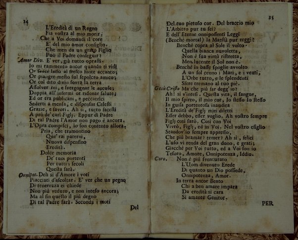 Cantate a lode del Santissimo Sacramento esposto nell'insigne tempio della Beatissima Vergine de'Miracoli presso S. Celso, da recitarsi, in occasione degli esercizj spirituali alli 27., 28., e 29. Febbrajo 1740. Poste in musica dal sig. Antonio Negri, maestro di cappella del detto insigne tempio