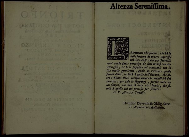 Il trionfo della dottrina cristiana oratorio da cantarsi nella Chiesa Nova in Roma. Poesia del molto rev. Padre Nicola Vincenzo Acquaderni agostiniano da Bologna ... Dedicato alla sereniss. altezza del sig. principe Eugenio di Savoja ...