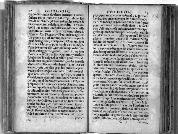 Opiologia ou traicté concernant le naturel, proprietés, vraye preparation, & seur vsage de l'opium: pour le soulagement de maints malades, ... Par Angelus Sala Vicentinus Venetus