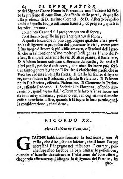 Cento, e dieci ricordi, che formano il buon fattor di villa di Giacomo Agostinetti. Ne' quali si tratta quello, e quanto deue sapere vn buon fattor di villa, ... Et in fine vna raccolta di rimedij per varie infermità di buoi, caualli, & altri animali. ...