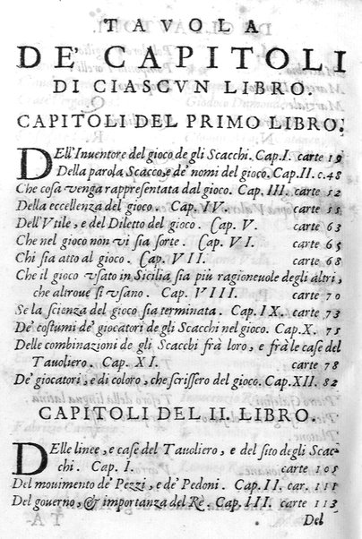 Il gioco de gli scacchi di D. Pietro Carrera diuiso in otto libri, ne' quali s'insegnano i precetti, le vscite, e i tratti posticci del gioco, e si discorre della vera origine di esso. Con due discorsi, l'vno del padre D. Gio. Battista Chèrubino, l'altro del dottor Mario Tortelli, opera non meno vtile a' professori del gioco, che diletteuole à gli studiosi per la varietà della eruditione cauata dalle tenebre dell'antichità. ...