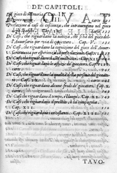 Il gioco de gli scacchi di D. Pietro Carrera diuiso in otto libri, ne' quali s'insegnano i precetti, le vscite, e i tratti posticci del gioco, e si discorre della vera origine di esso. Con due discorsi, l'vno del padre D. Gio. Battista Chèrubino, l'altro del dottor Mario Tortelli, opera non meno vtile a' professori del gioco, che diletteuole à gli studiosi per la varietà della eruditione cauata dalle tenebre dell'antichità. ...