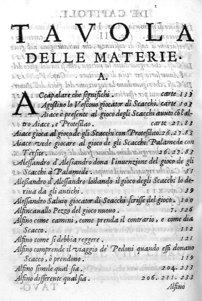 Il gioco de gli scacchi di D. Pietro Carrera diuiso in otto libri, ne' quali s'insegnano i precetti, le vscite, e i tratti posticci del gioco, e si discorre della vera origine di esso. Con due discorsi, l'vno del padre D. Gio. Battista Chèrubino, l'altro del dottor Mario Tortelli, opera non meno vtile a' professori del gioco, che diletteuole à gli studiosi per la varietà della eruditione cauata dalle tenebre dell'antichità. ...