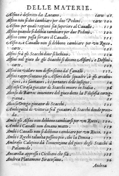 Il gioco de gli scacchi di D. Pietro Carrera diuiso in otto libri, ne' quali s'insegnano i precetti, le vscite, e i tratti posticci del gioco, e si discorre della vera origine di esso. Con due discorsi, l'vno del padre D. Gio. Battista Chèrubino, l'altro del dottor Mario Tortelli, opera non meno vtile a' professori del gioco, che diletteuole à gli studiosi per la varietà della eruditione cauata dalle tenebre dell'antichità. ...