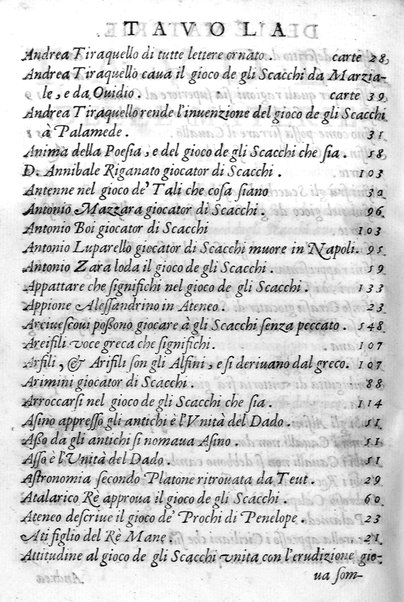 Il gioco de gli scacchi di D. Pietro Carrera diuiso in otto libri, ne' quali s'insegnano i precetti, le vscite, e i tratti posticci del gioco, e si discorre della vera origine di esso. Con due discorsi, l'vno del padre D. Gio. Battista Chèrubino, l'altro del dottor Mario Tortelli, opera non meno vtile a' professori del gioco, che diletteuole à gli studiosi per la varietà della eruditione cauata dalle tenebre dell'antichità. ...