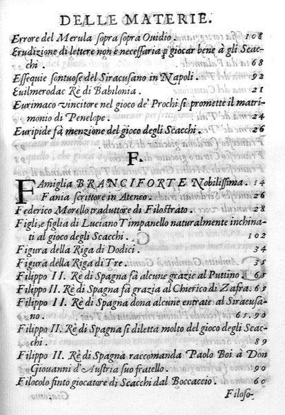 Il gioco de gli scacchi di D. Pietro Carrera diuiso in otto libri, ne' quali s'insegnano i precetti, le vscite, e i tratti posticci del gioco, e si discorre della vera origine di esso. Con due discorsi, l'vno del padre D. Gio. Battista Chèrubino, l'altro del dottor Mario Tortelli, opera non meno vtile a' professori del gioco, che diletteuole à gli studiosi per la varietà della eruditione cauata dalle tenebre dell'antichità. ...