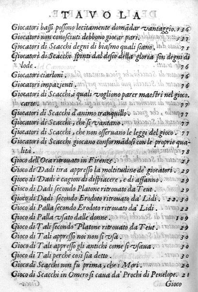 Il gioco de gli scacchi di D. Pietro Carrera diuiso in otto libri, ne' quali s'insegnano i precetti, le vscite, e i tratti posticci del gioco, e si discorre della vera origine di esso. Con due discorsi, l'vno del padre D. Gio. Battista Chèrubino, l'altro del dottor Mario Tortelli, opera non meno vtile a' professori del gioco, che diletteuole à gli studiosi per la varietà della eruditione cauata dalle tenebre dell'antichità. ...