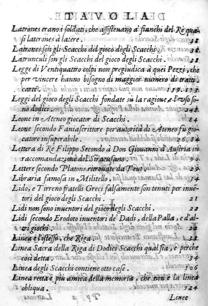 Il gioco de gli scacchi di D. Pietro Carrera diuiso in otto libri, ne' quali s'insegnano i precetti, le vscite, e i tratti posticci del gioco, e si discorre della vera origine di esso. Con due discorsi, l'vno del padre D. Gio. Battista Chèrubino, l'altro del dottor Mario Tortelli, opera non meno vtile a' professori del gioco, che diletteuole à gli studiosi per la varietà della eruditione cauata dalle tenebre dell'antichità. ...
