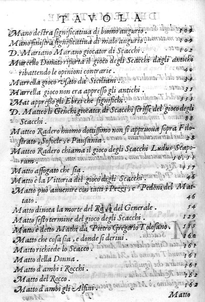 Il gioco de gli scacchi di D. Pietro Carrera diuiso in otto libri, ne' quali s'insegnano i precetti, le vscite, e i tratti posticci del gioco, e si discorre della vera origine di esso. Con due discorsi, l'vno del padre D. Gio. Battista Chèrubino, l'altro del dottor Mario Tortelli, opera non meno vtile a' professori del gioco, che diletteuole à gli studiosi per la varietà della eruditione cauata dalle tenebre dell'antichità. ...