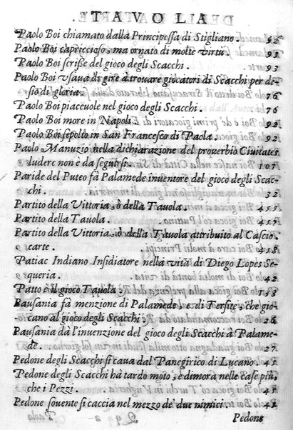 Il gioco de gli scacchi di D. Pietro Carrera diuiso in otto libri, ne' quali s'insegnano i precetti, le vscite, e i tratti posticci del gioco, e si discorre della vera origine di esso. Con due discorsi, l'vno del padre D. Gio. Battista Chèrubino, l'altro del dottor Mario Tortelli, opera non meno vtile a' professori del gioco, che diletteuole à gli studiosi per la varietà della eruditione cauata dalle tenebre dell'antichità. ...