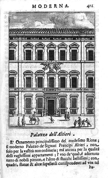 Ritratto di Roma moderna: nel quale sono descritte, le sagre basiliche, le chiese, collegij, confraternite, librerie, ospedali, monasteri, fontane, giardini, palazzi, pitture, sculture, e statue più famose, esistenti dentro, e fuori della città. Con la narratione dell'opere pie, ... Distinto in quatordici rioni, abbellito con le figure di rame, e raccolto dall'auttori, accennati nel primo tomo