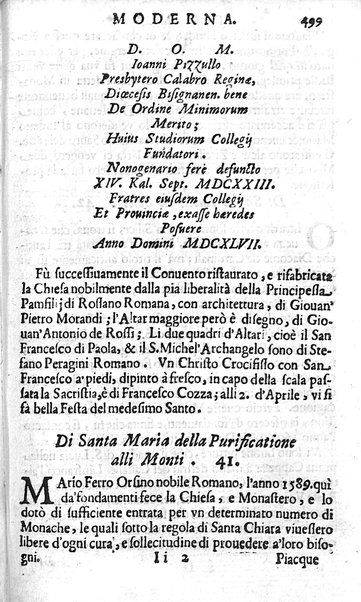 Ritratto di Roma moderna: nel quale sono descritte, le sagre basiliche, le chiese, collegij, confraternite, librerie, ospedali, monasteri, fontane, giardini, palazzi, pitture, sculture, e statue più famose, esistenti dentro, e fuori della città. Con la narratione dell'opere pie, ... Distinto in quatordici rioni, abbellito con le figure di rame, e raccolto dall'auttori, accennati nel primo tomo