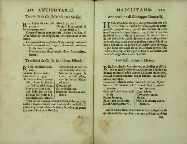 Antidotario napolitano di nuouo riformato, e corretto. Dall'almo Collegio de Spetiali, ... Oue si contengono tutte le ricette delli medicamenti, tanto semplici, quanto composti, che necessariamente deuono tenere, e mostrare nelle regie visite, tutti li spetiali di questa fidelissima città, e regno. Con vtilissime, e fruttuose annotationi. Di Giuseppe Donzelli. Napolitano. Dato in luce per il magnifico Francesco Greco di Mesagna, vno di detto Collegio, con particolar priuilegio