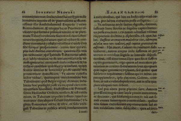 Tabacologia: hoc est tabaci, seu nicotianae descripti medico-chirurgico-pharmaceutica vel eius praeparatio et usus in omnibus fermè corporis humani incommodis. Per Johannem Neandrum Bremanum, ...